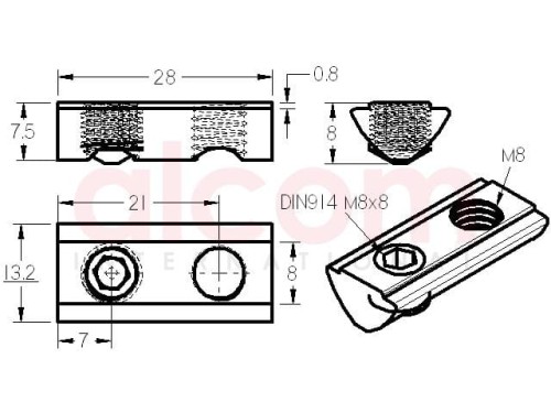 Wpust przesuwny M8 + trzpień blokujący z podcięciem, rowek 8