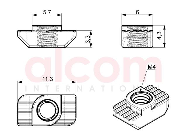 Nakrętka młoteczkowa M4 podcięcie 1,0mm rowek 6