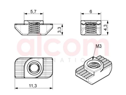Nakrętka młoteczkowa M3 podcięcie 1,0mm rowek 6
