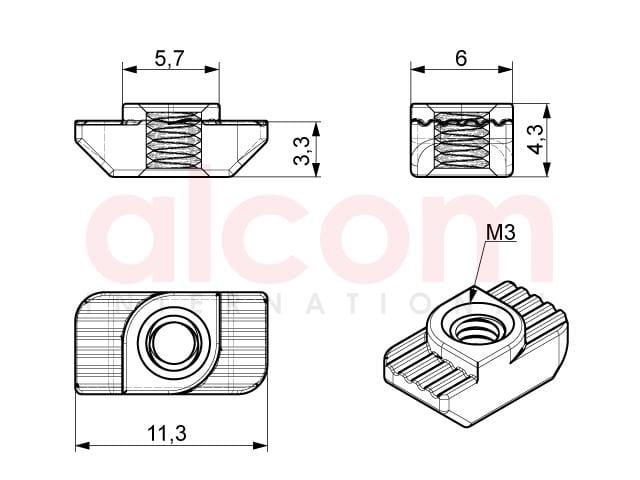 Nakrętka młoteczkowa M3 podcięcie 1,0mm rowek 6